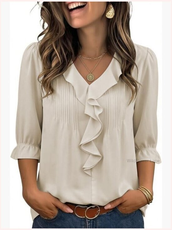 Tops - Victorian Ruffle Blouse 3/4 Sleeve V-Neck Business Casual Top Summer Work Shirt